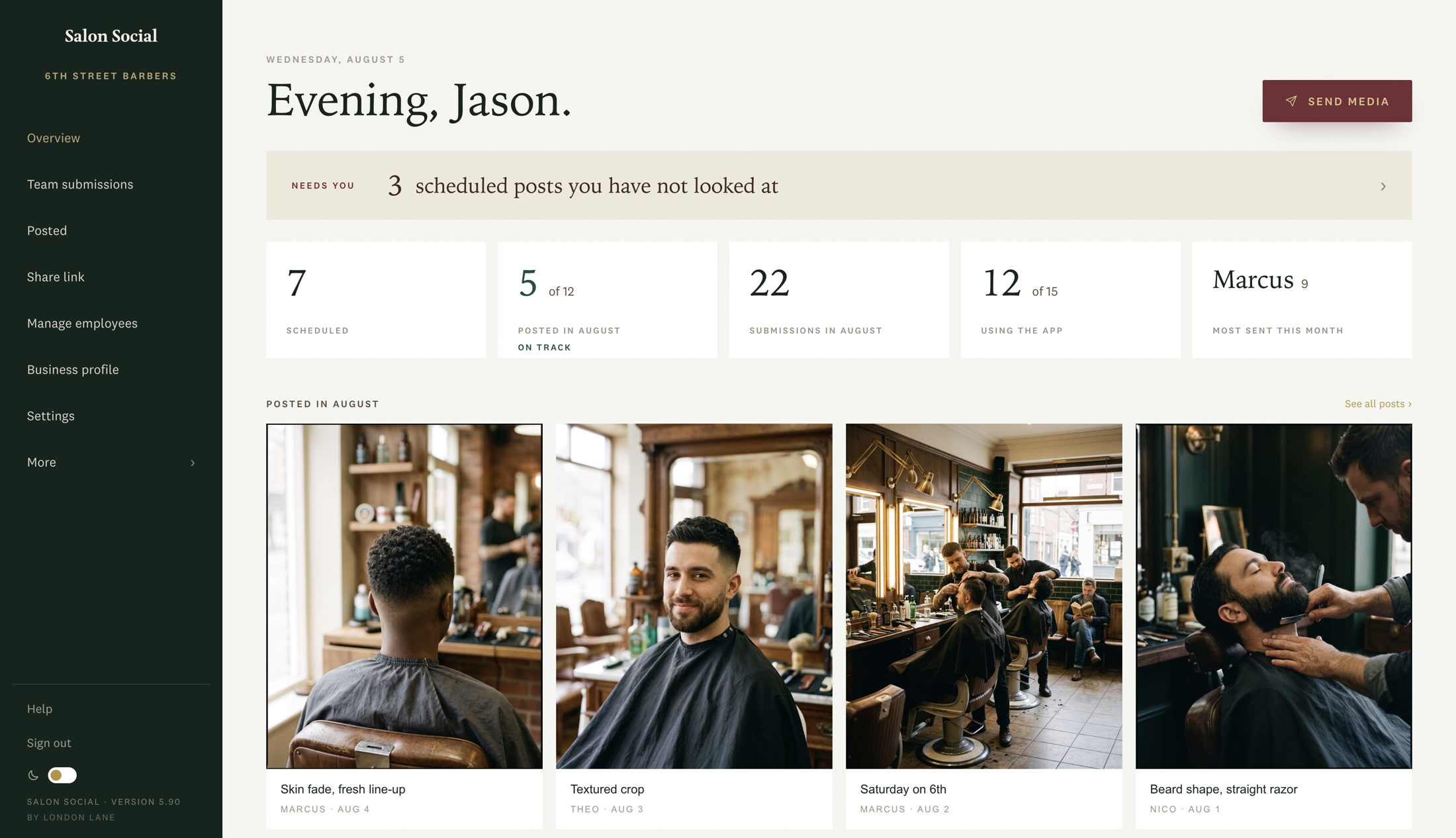 The Salon Social desktop dashboard showing scheduled posts, team activity, and recent salon content