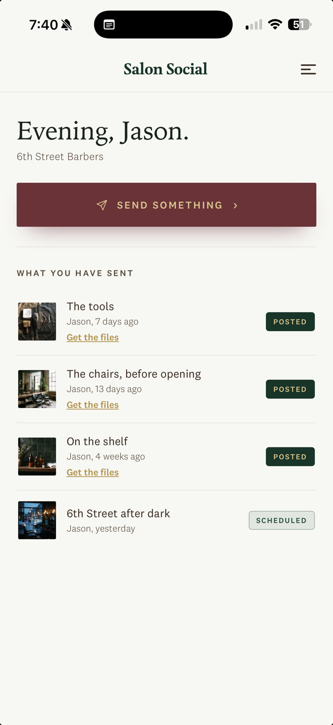 The Salon Social mobile app where salon team members send photos and see their posted work
